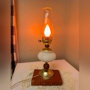 Stunning Vintage Milk Glass Hurricane Table Hobnail Lamp White and Brass.